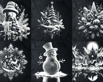 Op de afbeelding: Een collage van zes zwart-wit afbeeldingen die verschillende kerstscènes voorstellen. De afbeeldingen tonen een sneeuwpop met cadeaus, een kerstboom met een huis, een kerstbal, een sneeuwvlok met een hert, een sneeuwpop met een draadframeontwerp en een besneeuwd dorp met een kasteel.