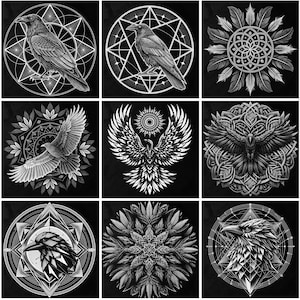 May include: Nine monochrome illustrations showcasing ravens, eagles, and geometric patterns. The images feature detailed depictions of birds with intricate feathering and symmetrical designs. The artwork is set against a dark background, creating a striking contrast.