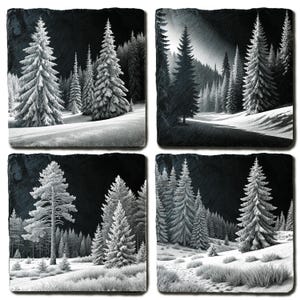 Winter Pines-bundel – 4 lasergravure-png-bestanden voor leisteen en hout – digitale kunst voor doe-het-zelfcadeaus, wandplaten, onderzetters