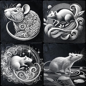 Set aus 4 östlichen Tierkreis-Ratten-Gravurdateien - CNC- und DIY-Designs für das Jahr der Ratte und dekorative Kunst