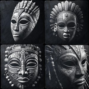 Afrikaans traditioneel masker-png-set voor lasergravure – 4 unieke tribale ontwerpen voor aangepaste kunst, decor en ambachtelijke projecten