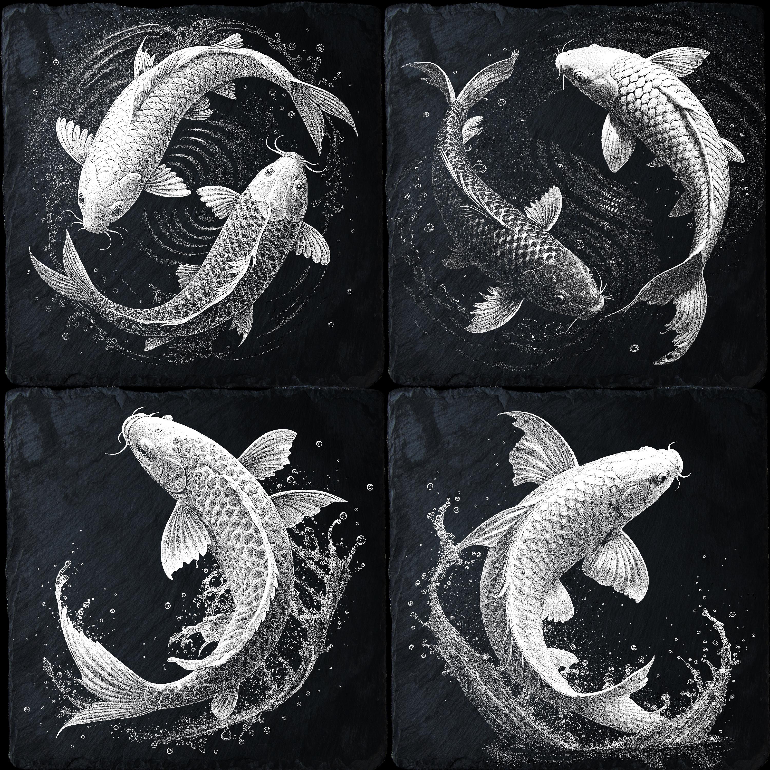 Koi Fish Yin Yang Laser Engraving PNG Set: Zen Tattoo Design