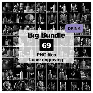 Grande set di 69 file PNG di bevande per incisione laser / Vodka, vino, whisky, tequila, rum / CNC, fai da te, arredamento bar, clipart per incisione