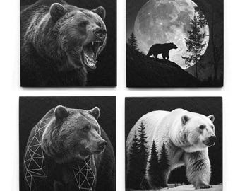 May include: A set of four square black and white wall art prints featuring bears. One shows a roaring grizzly, another a bear silhouette against a full moon, a third a grizzly with geometric line patterns, and the fourth a polar bear in a forest.