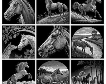 May include: A collection of nine black and white illustrations featuring horses in various poses, including portraits, running, grazing by a river, standing under oak branches, rearing on a rocky cliff, resting in a field, and walking through a forest.