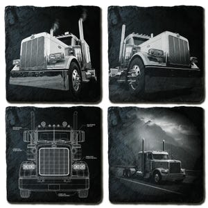 May include: Set of four black slate coasters featuring images of a semi-truck. The coasters showcase the truck from different angles, including a blueprint and a road scene. The trucks are silver and white.