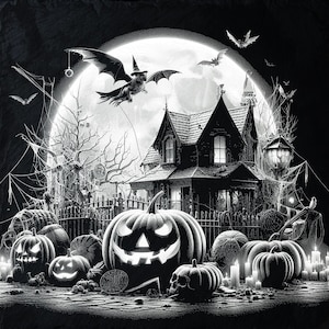 May include: A black and white illustration of a spooky Halloween scene with a haunted house, a full moon, bats, and jack-o'-lanterns.