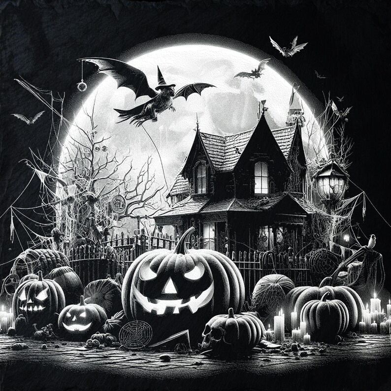 May include: A black and white illustration of a spooky Halloween scene with a haunted house, a full moon, bats, and jack-o'-lanterns.