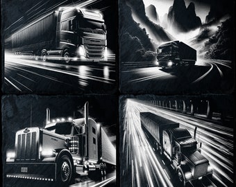 May include: A collage of four black and white images featuring semi-trucks on the road. The trucks are depicted in a stylized, almost abstract way, with a focus on the headlights and the motion blur of the road.