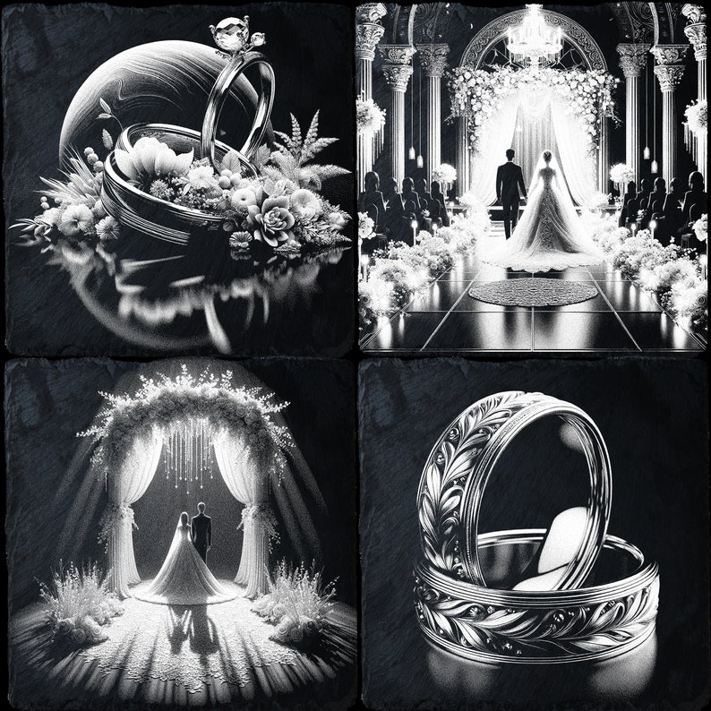 May include: A black and white image of two wedding rings, one with a floral design, on a black background. The rings are a symbol of love and commitment.