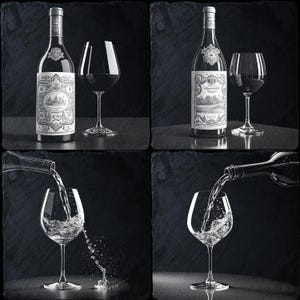 Puede incluir: Cuatro imágenes que muestran una botella de vino y una copa de vino. La primera imagen muestra una botella de vino llena y una copa de vino tinto llena. La segunda imagen muestra una botella de vino llena y una copa de vino tinto llena. La tercera imagen muestra una botella de vino que se vierte en una copa. La cuarta imagen muestra una botella de vino que se vierte en una copa.