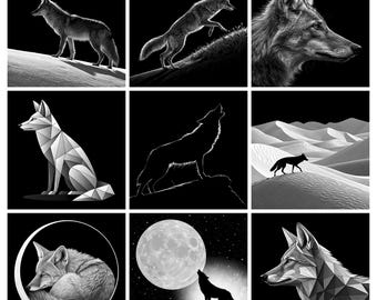 May include: A collection of nine black and white images featuring coyotes in various poses. The set includes realistic depictions of coyotes standing, running, and sleeping, alongside geometric polygon-style portraits and silhouettes against a moon.