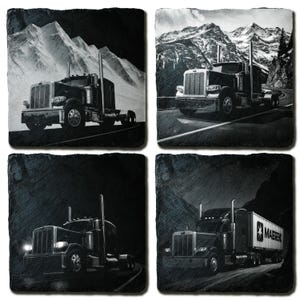 May include: Set of four black and white slate coasters featuring images of semi-trucks on mountain roads. The coasters depict different angles of the trucks, with one showing a Maersk container. The coasters are square and have a natural, textured appearance.