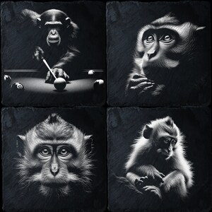 May include: A set of four black slate coasters featuring black and white images of monkeys. Each coaster has a different monkey image. The first coaster shows a monkey playing pool. The second coaster shows a monkey sitting with its hands clasped. The third coaster shows a monkey looking at the camera. The fourth coaster shows a monkey sitting with its hands clasped.