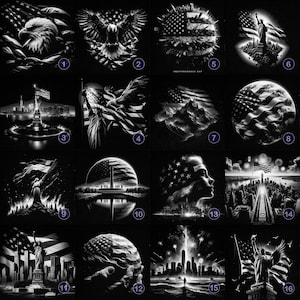 Op de afbeelding: Een verzameling van 16 zwart-wit afbeeldingen met de Amerikaanse vlag, het Vrijheidsbeeld en een adelaar. De afbeeldingen zijn in een rasterpatroon gerangschikt. De tekst "INDEPENDENCE DAY" is zichtbaar in de bovenste rij.