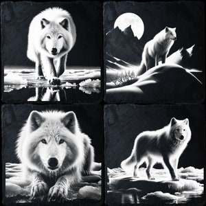 4 leisteenbundel Polar Wolf, laserklare png-bestanden voor gravure, leisteenbord onderzetter kunst, CNC, CO2, Lightburn, Glowforge, Xtool