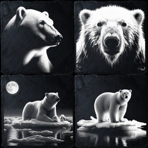 May include: A black and white photo collage of four polar bears. The top left image shows a polar bear looking to the right. The top right image shows a polar bear looking straight ahead. The bottom left image shows a polar bear with a cub in the water. The bottom right image shows a polar bear standing on a piece of ice.