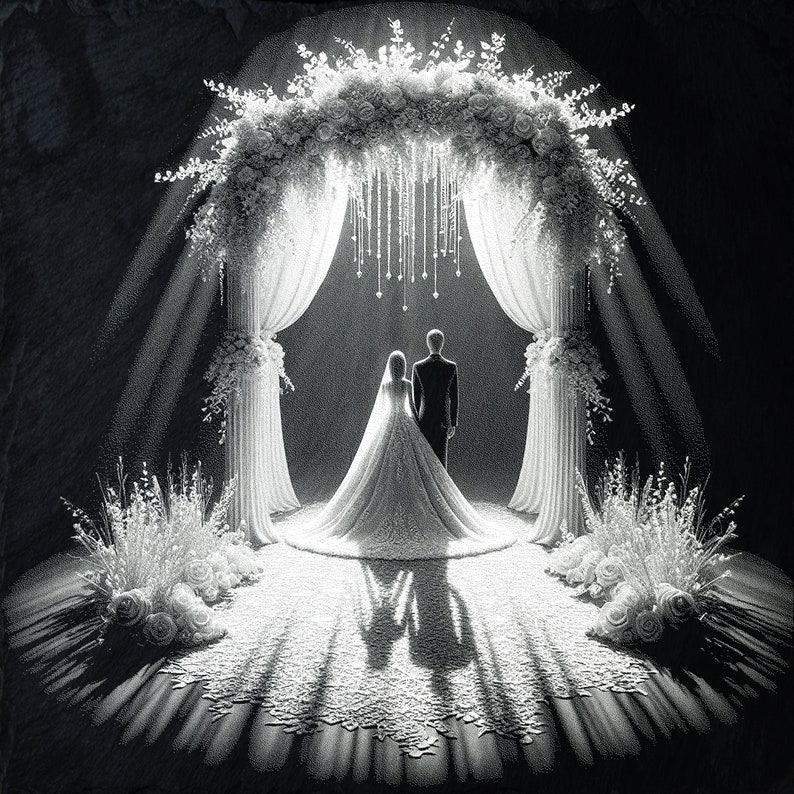 May include: A black and white photo of a wedding ceremony. The bride and groom stand under a floral archway, with white fabric draped behind them. The couple is silhouetted against the light, creating a romantic and ethereal atmosphere.
