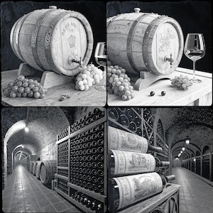 May include: A black and white photo of a wine cellar with wooden barrels and wine bottles on shelves. The photo is divided into four sections, with the top left section showing a wooden barrel with grapes and a glass of wine, the top right section showing a wooden barrel with grapes and a glass of wine, the bottom left section showing a wine cellar with wooden barrels and wine bottles on shelves, and the bottom right section showing a wine cellar with wooden barrels and wine bottles on shelves.
