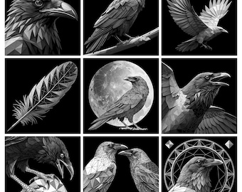 May include: A collection of nine square panels featuring black and white geometric illustrations of ravens in various poses, including a single feather, a raven perched before a full moon, and a raven holding a geometric sphere.