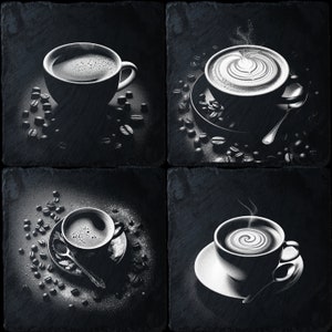 以下が含まれることがあります： 黒いスレートの背景に、コーヒーカップが4つ、白黒で描かれた画像。それぞれのカップはコーヒーで満たされ、コーヒー豆で囲まれています。