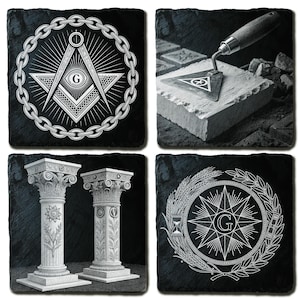 May include: Set of four black slate coasters with white graphic designs. Designs include a Masonic symbol within a chain, a trowel on a stone, two classical columns, and a compass rose with a central "G" symbol.