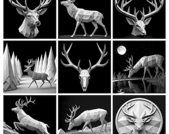 May include: A collection of nine black and white images featuring geometric, low-poly style deer figures. The depictions include deer heads, full-body deer in various poses, a deer skull, and a circular relief plaque, all rendered with sharp, angular facets.