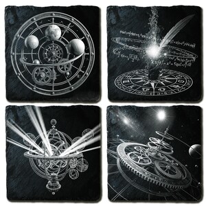 May include: A set of four black slate coasters with detailed celestial and mechanical illustrations. Each coaster displays a unique design, such as planetary models, gears, mathematical equations, and a starry galaxy scene. The designs are in shades of grey and white.