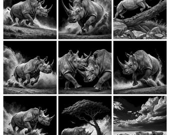 May include: A collection of nine black and white images featuring rhinoceroses in various dynamic poses, including running through dust, interacting with each other, climbing over a fallen log, and walking across a landscape under a cloudy sky.