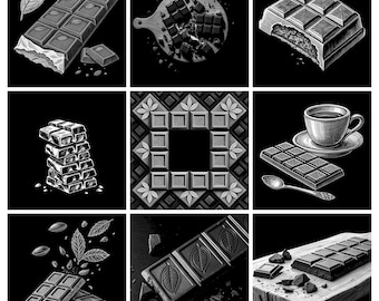 May include: A collection of nine black and white illustrations featuring chocolate bars, broken chocolate pieces, a cup of coffee on a saucer with a spoon, and cocoa leaves. The images display various arrangements of chocolate, including stacked bars, patterned squares, and bars on wooden boards.