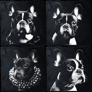 Pacote com 4 arquivos PNG de Bulldog Francês em ardósia, prontos para gravação a laser, arte em bandeja de ardósia, CNC, CO2, Lightburn, Glowforge, Xtool