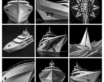 May include: A collection of nine black and white images featuring various luxury yachts and a sailboat. The vessels display a geometric, low-poly wireframe aesthetic across their hulls and structures, set against a stark, solid black background.