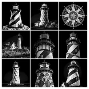 May include: A collection of nine black and white images featuring various lighthouses with striped or geometric patterns, alongside a detailed compass rose illustration, all set against a solid black background in a grid layout.