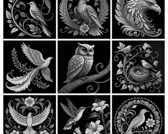 May include: A collection of nine square black and white illustrations featuring various birds including an owl, eagle, hummingbird, and phoenix, each surrounded by intricate floral, leafy, or circular decorative patterns in a detailed engraving style.
