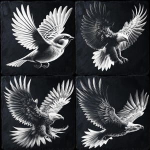 Lot de 4 fichiers de gravure laser Bird in Flight - CNC et PNG à monter soi-même avec des motifs animaliers complexes Décoration d'intérieur artistique et polyvalente