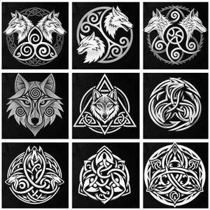 Può includere: Nove disegni grafici in bianco e nero con illustrazioni di lupi e motivi a nodi celtici. I disegni includono teste di lupo, disposizioni simmetriche e cornici circolari e triangolari, il tutto con dettagli intricati.
