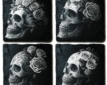 Set of 4 Gothic Skull with Roses 3D PNG Files for Laser Engraving