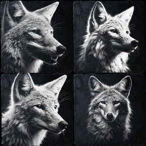 May include: A black and white image of a coyote's head, shown in four different poses. The coyote's fur is detailed and realistic, and the image is set against a dark background.