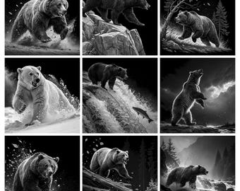 May include: A collection of nine black and white illustrations featuring bears in various natural settings, including a bear running through water, a bear on rocky terrain, a bear in a forest, a polar bear in snow, and a bear catching a fish.