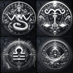May include: Four black and white illustrations of the Libra zodiac sign. The first image features a woman with a snake wrapped around her, holding scales. The second image features a woman with scales and a floral design. The third image features a Libra symbol with a floral design. The fourth image features a woman sitting on a mountain with scales and a floral design.