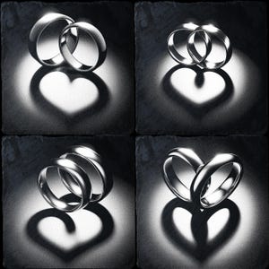 May include: Four images of two silver wedding bands intertwined, casting heart-shaped shadows on a black background.