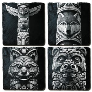 Sacred Totem PNG Bundle – 4 Totem Pole Designs with Tribal Animals for Laser Engraving | Native Symbolic Art Set