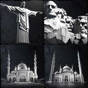 Set of 4 Landmark Engraving PNG Files for CNC DIY and Laser Crafts - Eiffel Tower, Statue of Liberty, Big Ben, and Taj Mahal Designs.