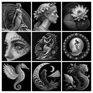 May include: A collection of nine black and white square art prints featuring mythological and nature-inspired themes. The images include a mermaid, a profile of a person with flowers, a water lily, a face with intricate patterns, a harpist, a pearl-framed mermaid, a winged seahorse, a mermaid on a crescent moon, and a floral mermaid profile.