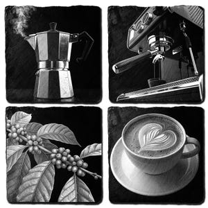 May include: Set of four black and white square coasters featuring coffee-related images. Includes a steaming stovetop espresso maker, an espresso machine, coffee plant illustration, and a latte with heart art.