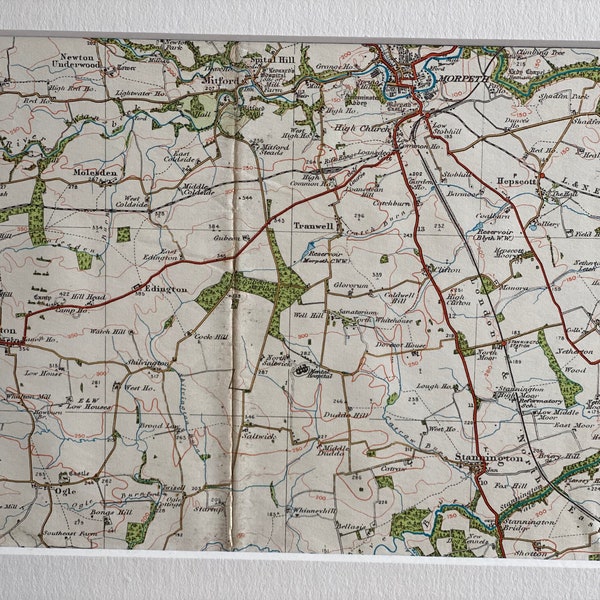 Mitford, Stannington, Whalton and Surrounding Area Original 1929 Contoured Ordnance Survey Mounted Map