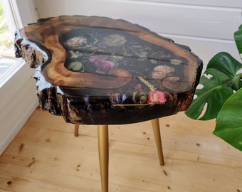 Mesa de centro feita à mão, mesa lateral em resina epóxi, resina sintética, madeira de nogueira, flores reais, móveis artesanais
