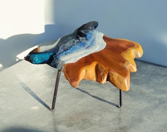 Handmade wooden side table with epoxy resin ocean wave | Unique epoxy river table | Natural wood table