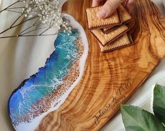 Personalized olive wood serving board with resin sea wave, handmade with engraving
