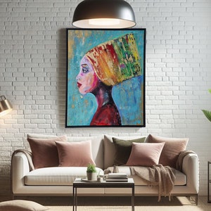 May include: A colorful abstract painting of a person's profile wearing a colorful head covering. The background is a blue and green abstract design.